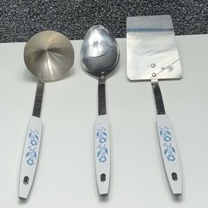 Vintage USA Stainless Utensil Set 3pc Ladle Spoon Spatula Blue Floral Handle